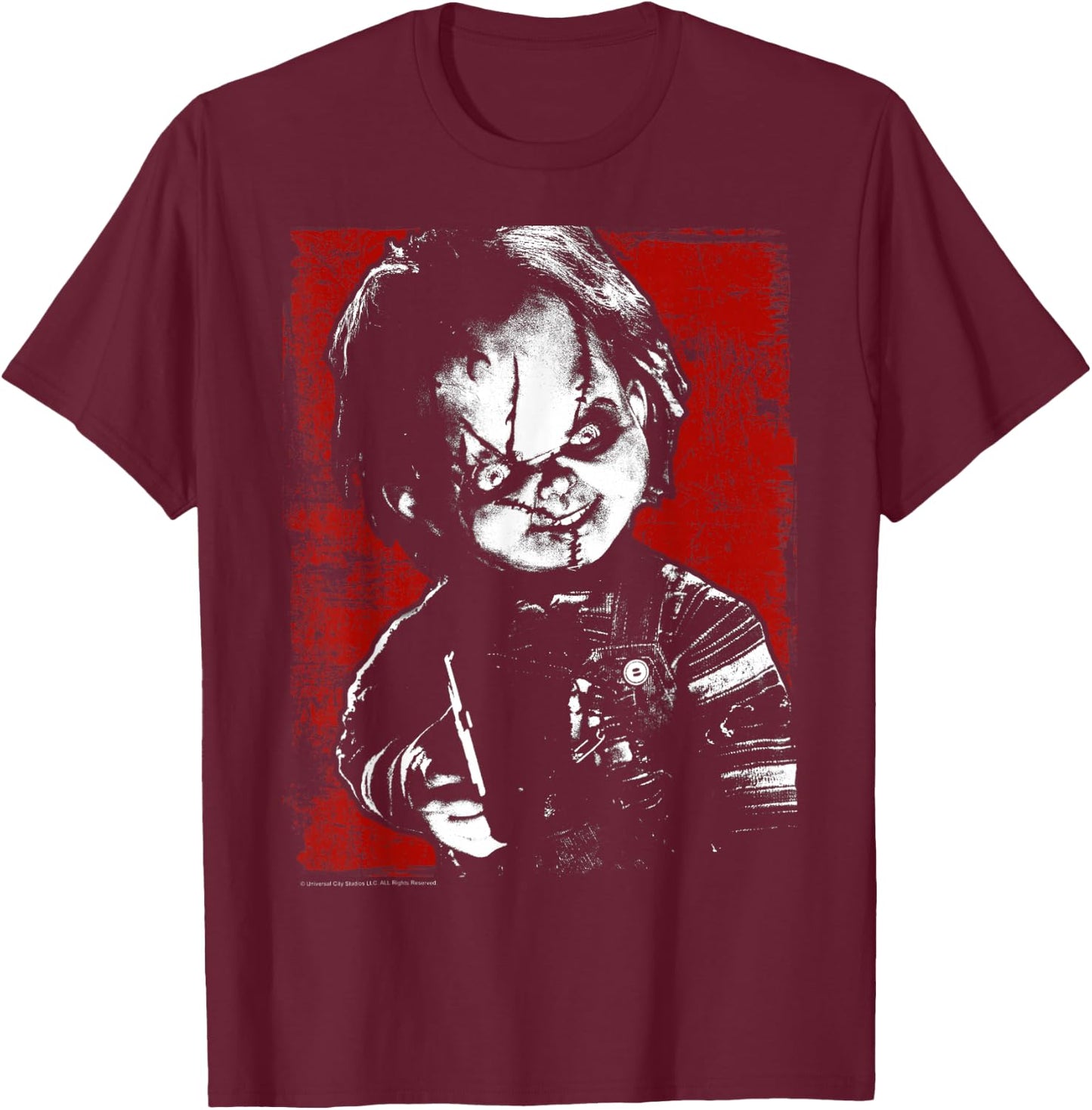 Child's Play Chucky Distressed Portrait Small T-Shirt - T-Shirt | Maroon