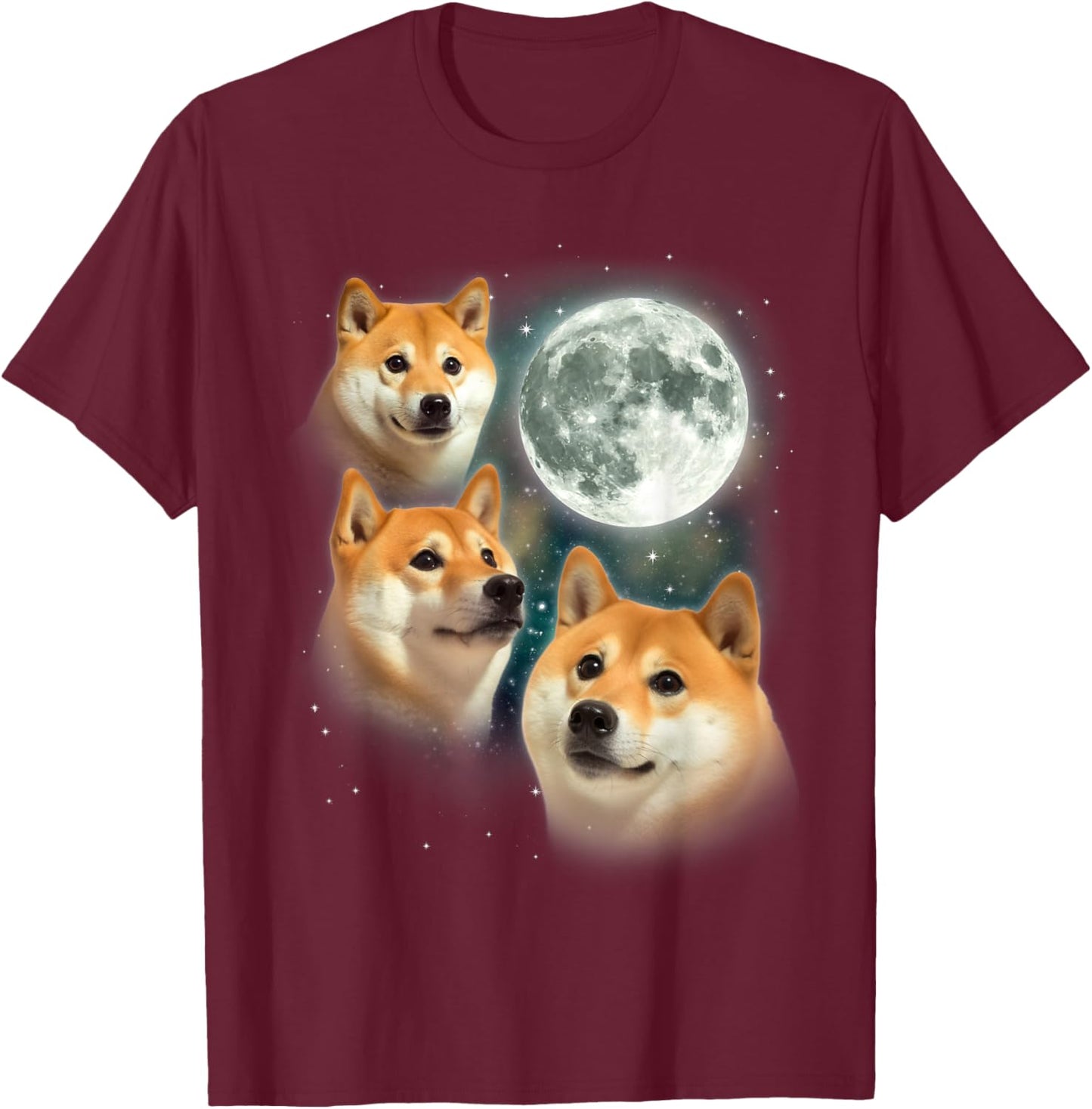 Three Shiba Inu Moon | 3 Doge Funny Cute Dog Meme Parody T-Shirt - T-Shirt | Maroon