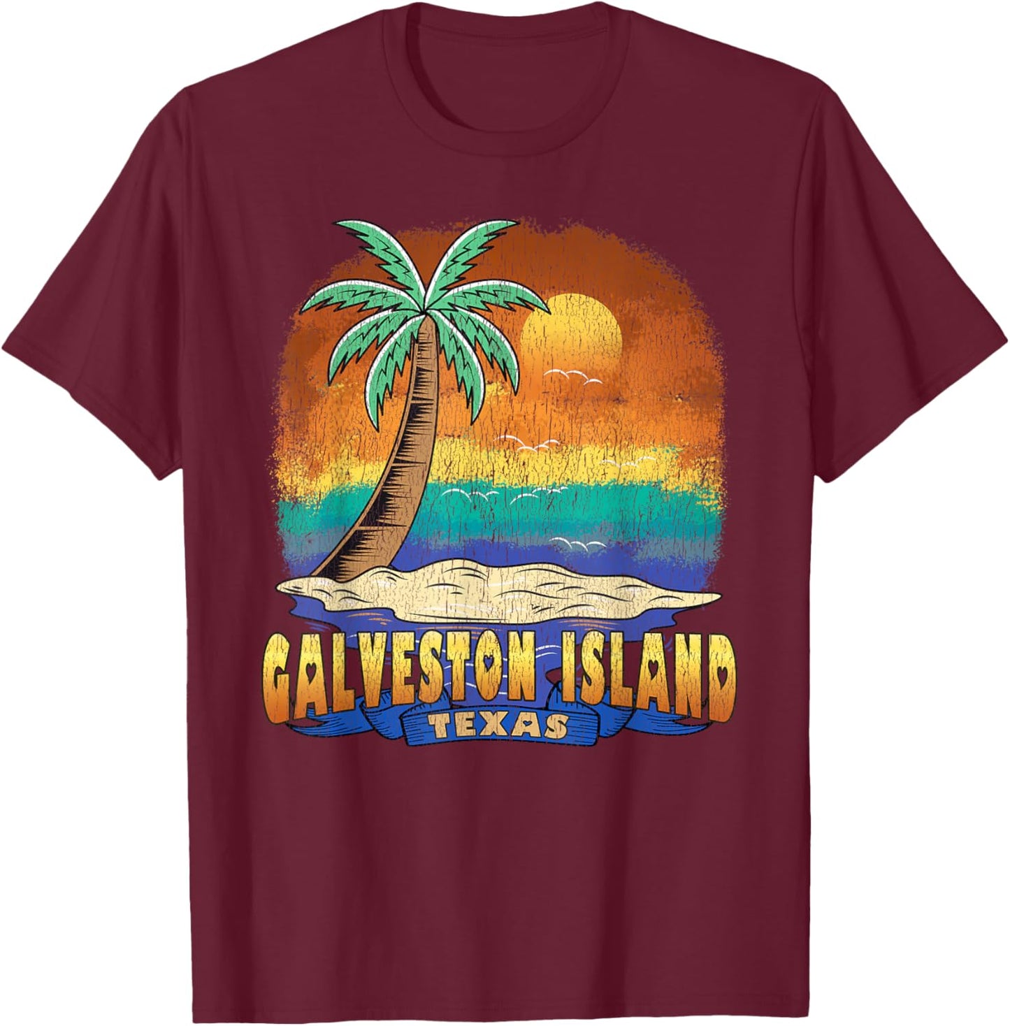 GALVESTON ISLAND TEXAS | Vintage Distressed Souvenir T-Shirt - T-Shirt | Maroon