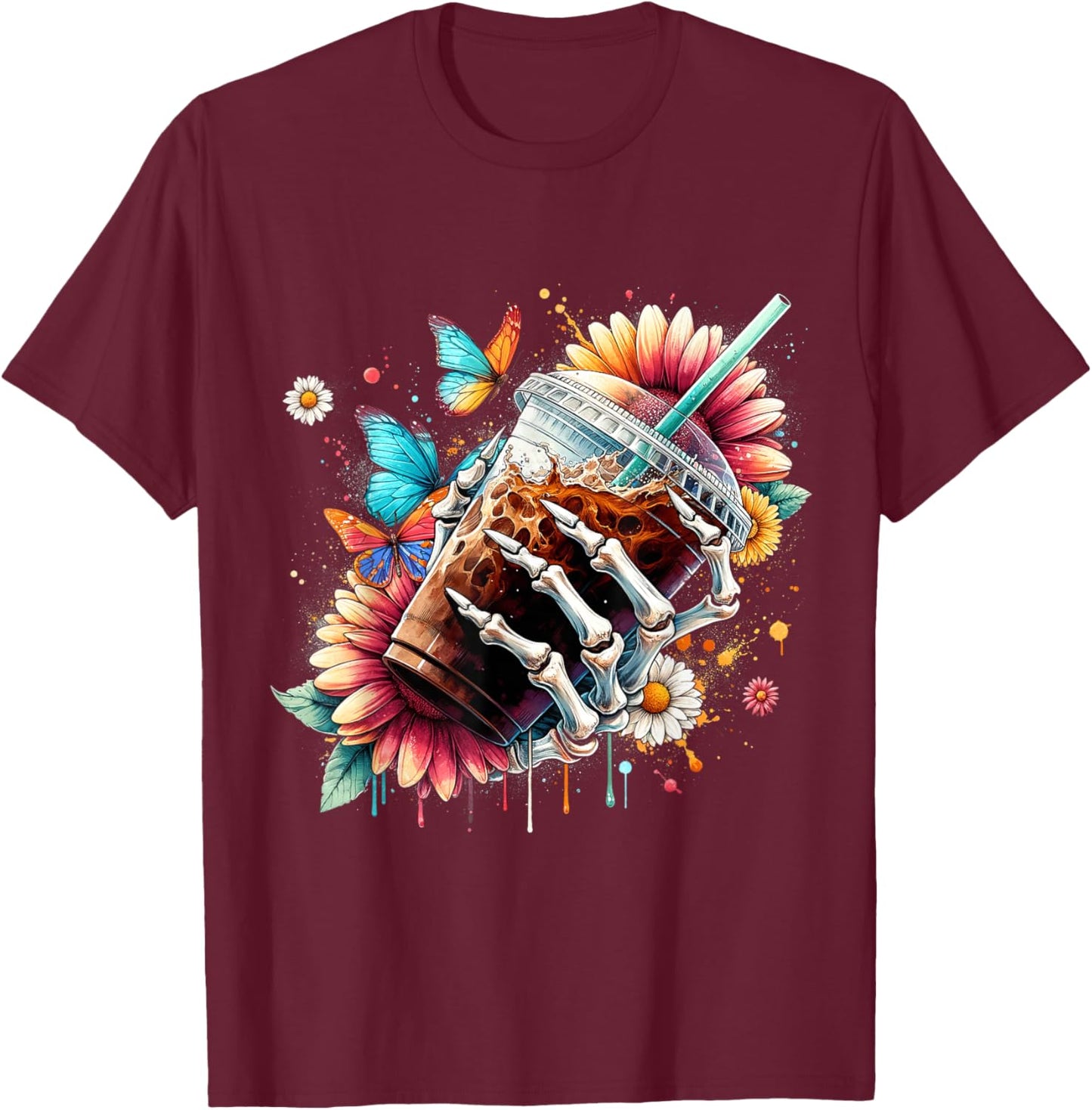 Whimsical Iced Coffee Floral Skeleton Fantasy Flower T-Shirt - T-Shirt | Maroon