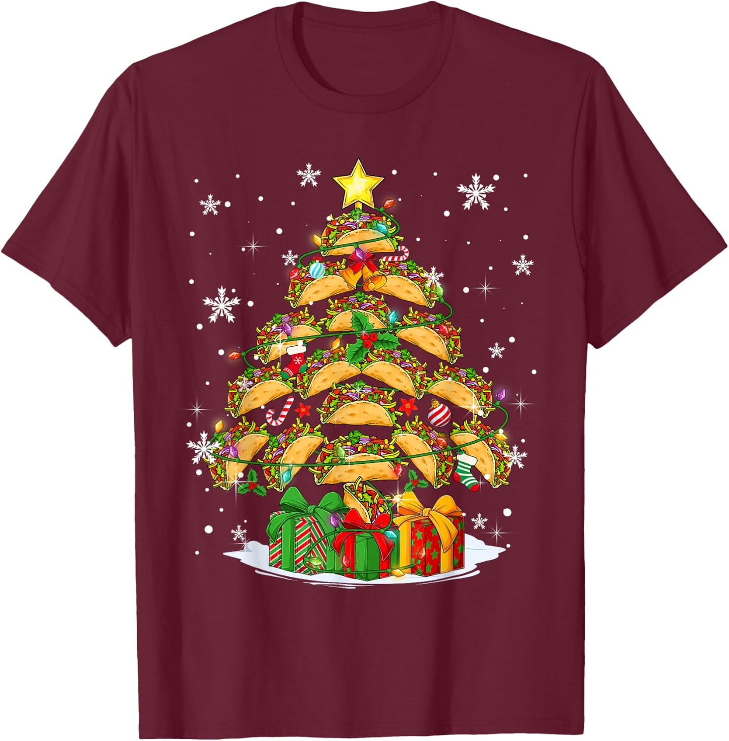 Funny Tacos Christmas Tree Lights Mexican Food Lover Xmas T-Shirt - T-Shirt | Maroon