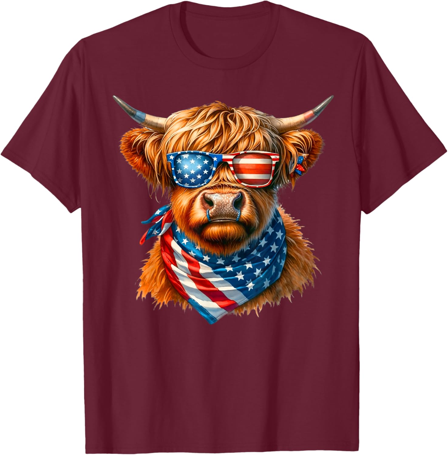 Vintage Patriot Highland Cow 4th Of July American Flag T-Shirt - T-Shirt | Maroon