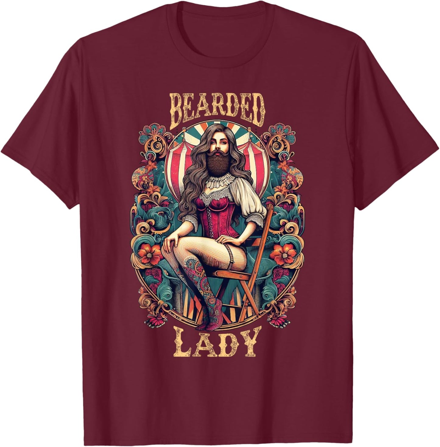 Funny Bearded Lady Costume Vintage Circus Carnival Party T-Shirt - T-Shirt | Maroon