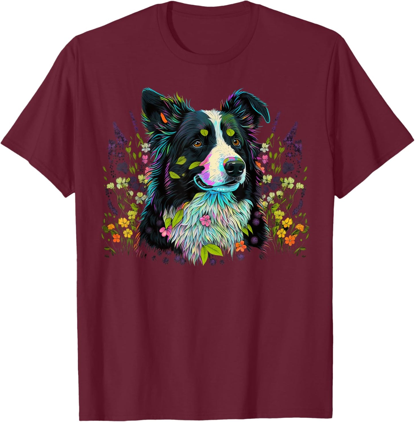 Cute Flower summer Floral Border Collie T-Shirt - T-Shirt | Maroon