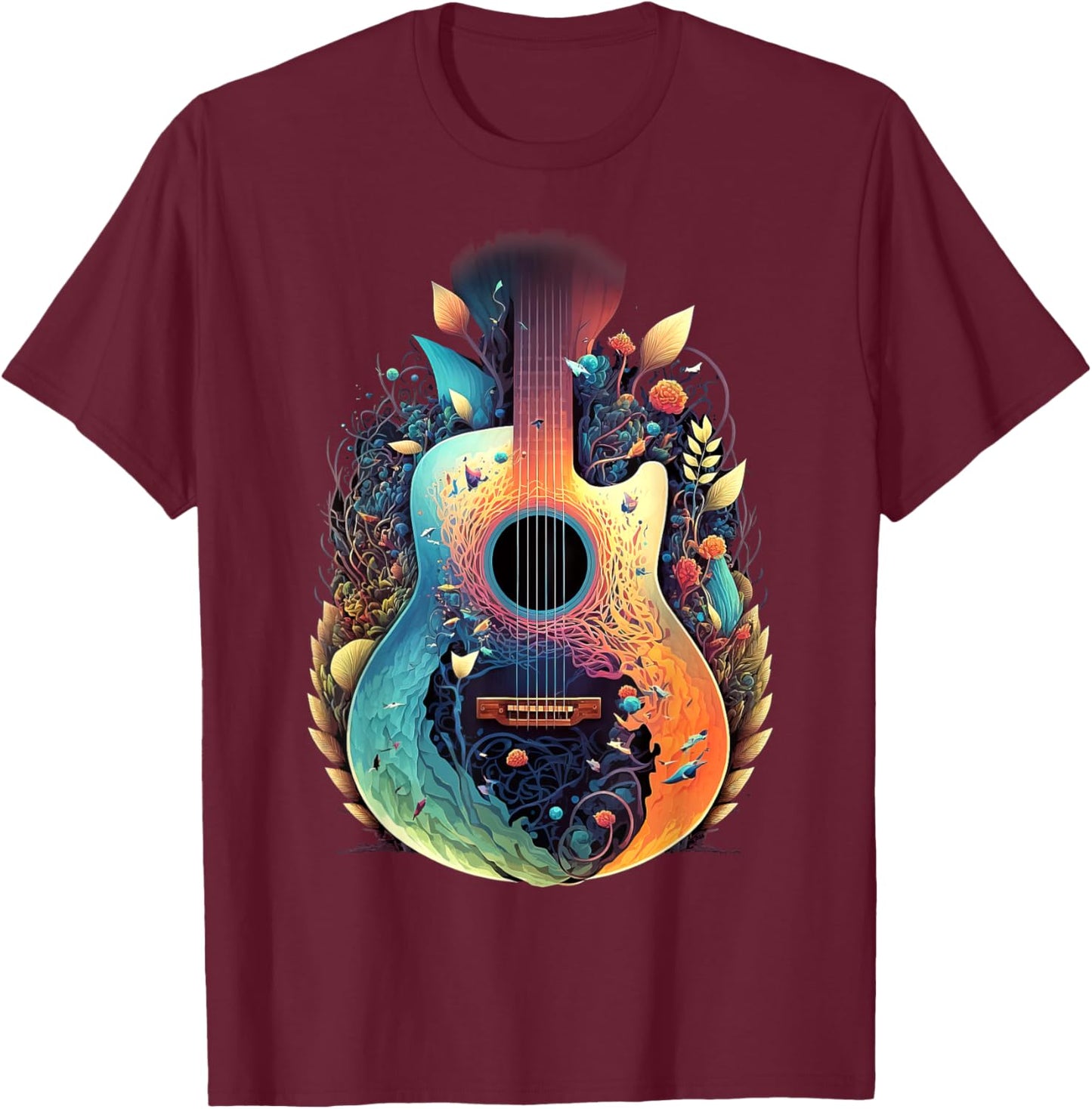Guitar Graphic Music Lover - Acoustic Guitar Musician Floral T-Shirt - T-Shirt | Maroon