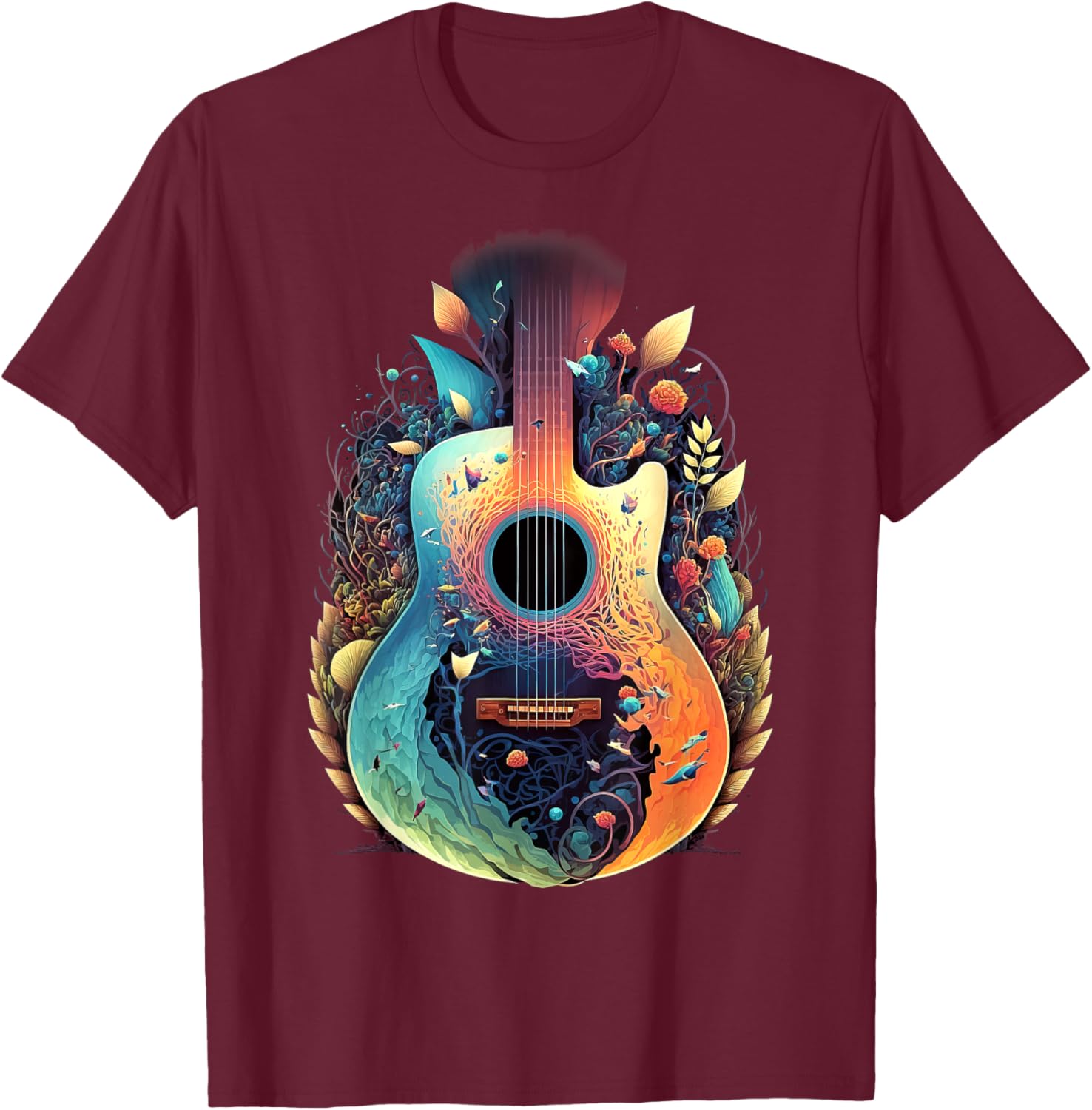Guitar Graphic Music Lover - Acoustic Guitar Musician Floral T-Shirt - T-Shirt | Maroon