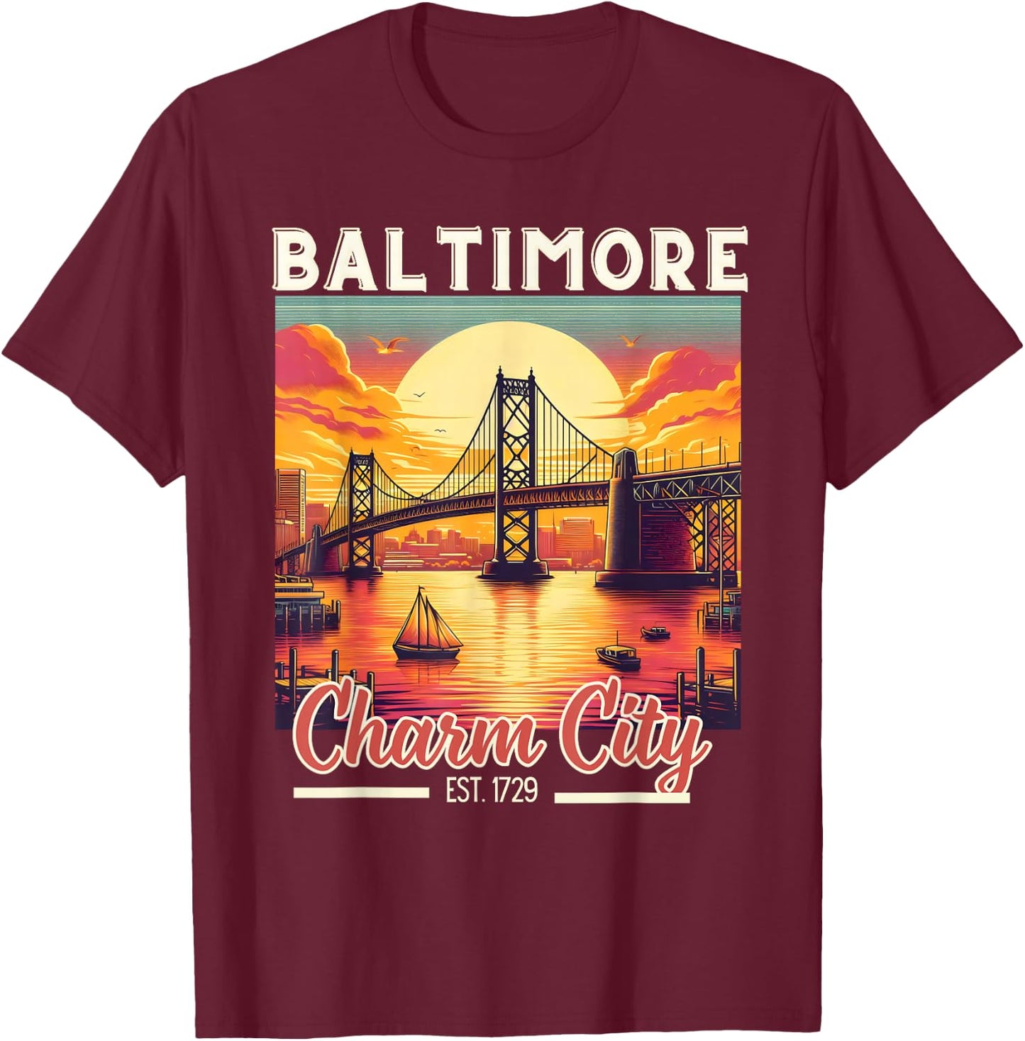 Vintage Baltimore Maryland Charm City Trip retro skyline men T-Shirt - T-Shirt | Maroon