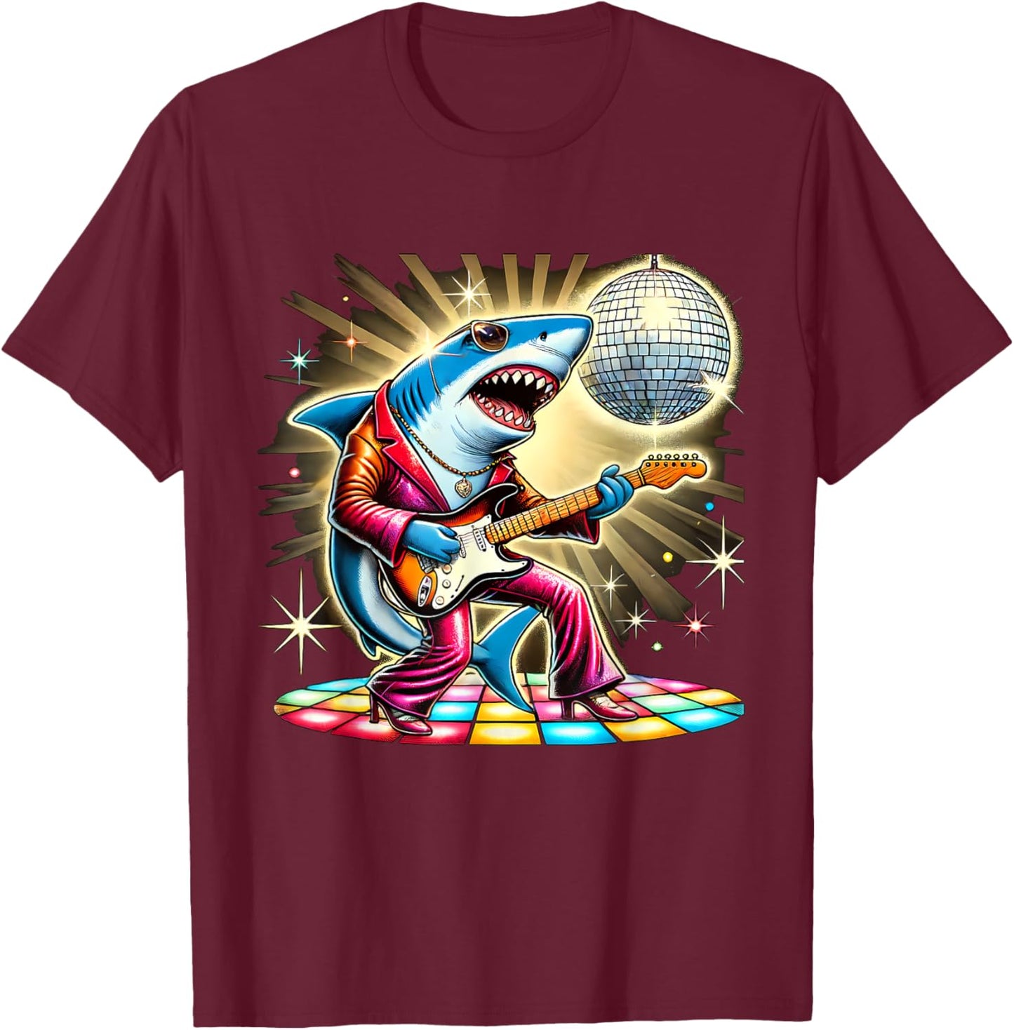 Disco Ball Guitar Shark T-Shirt - T-Shirt | Maroon