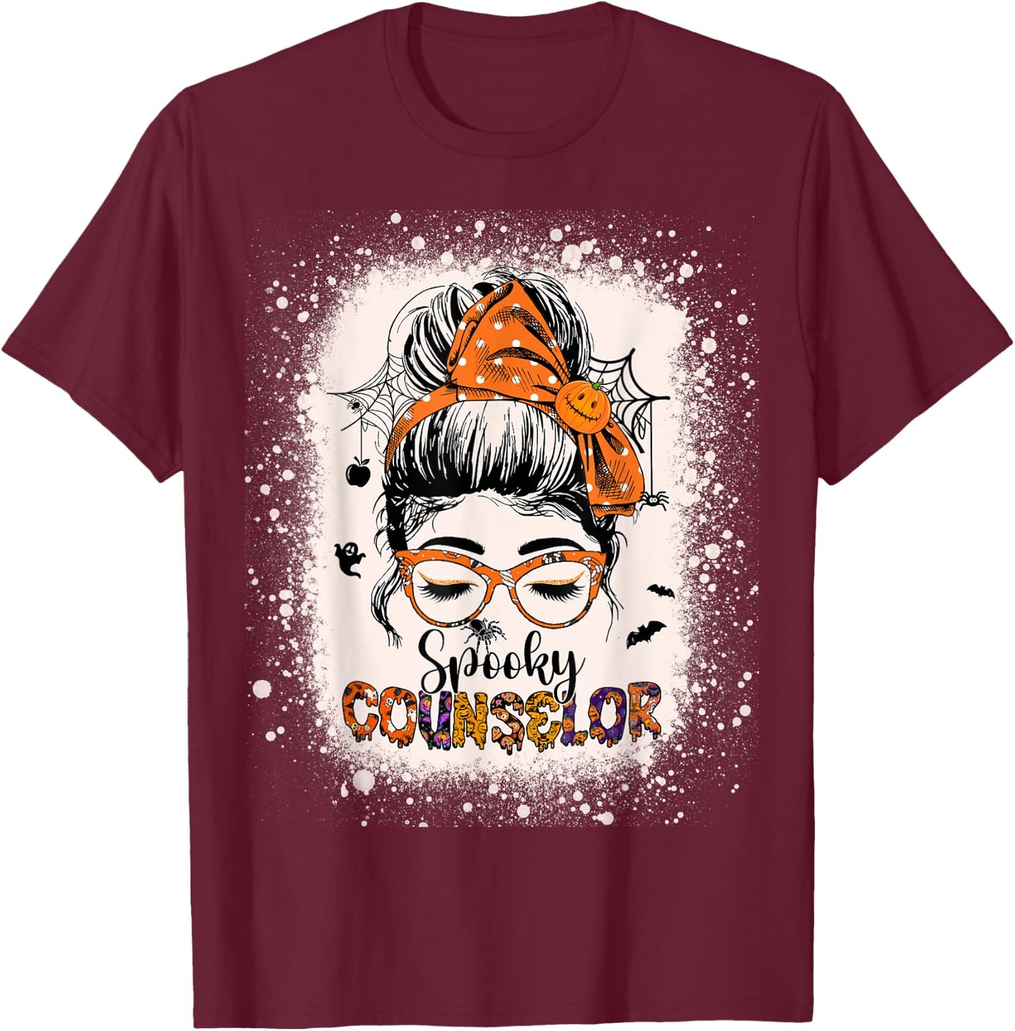 School Counselor Adviser Spooky Messy Bun Women Halloween T-Shirt - T-Shirt | Maroon