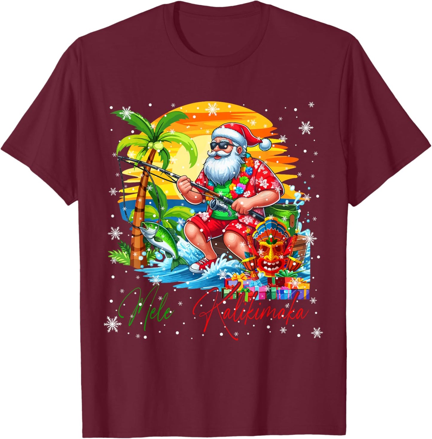 Mele Kalikimaka Hawaiian Santa Sunglasses Fishing Christmas T-Shirt - T-Shirt | Maroon