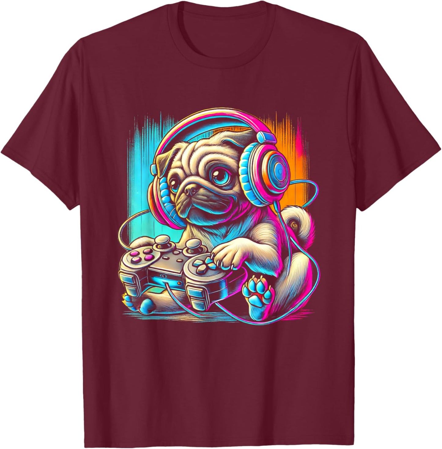 Pug Dog Colorful Video Game Controller Women Kids T-Shirt - T-Shirt | Maroon