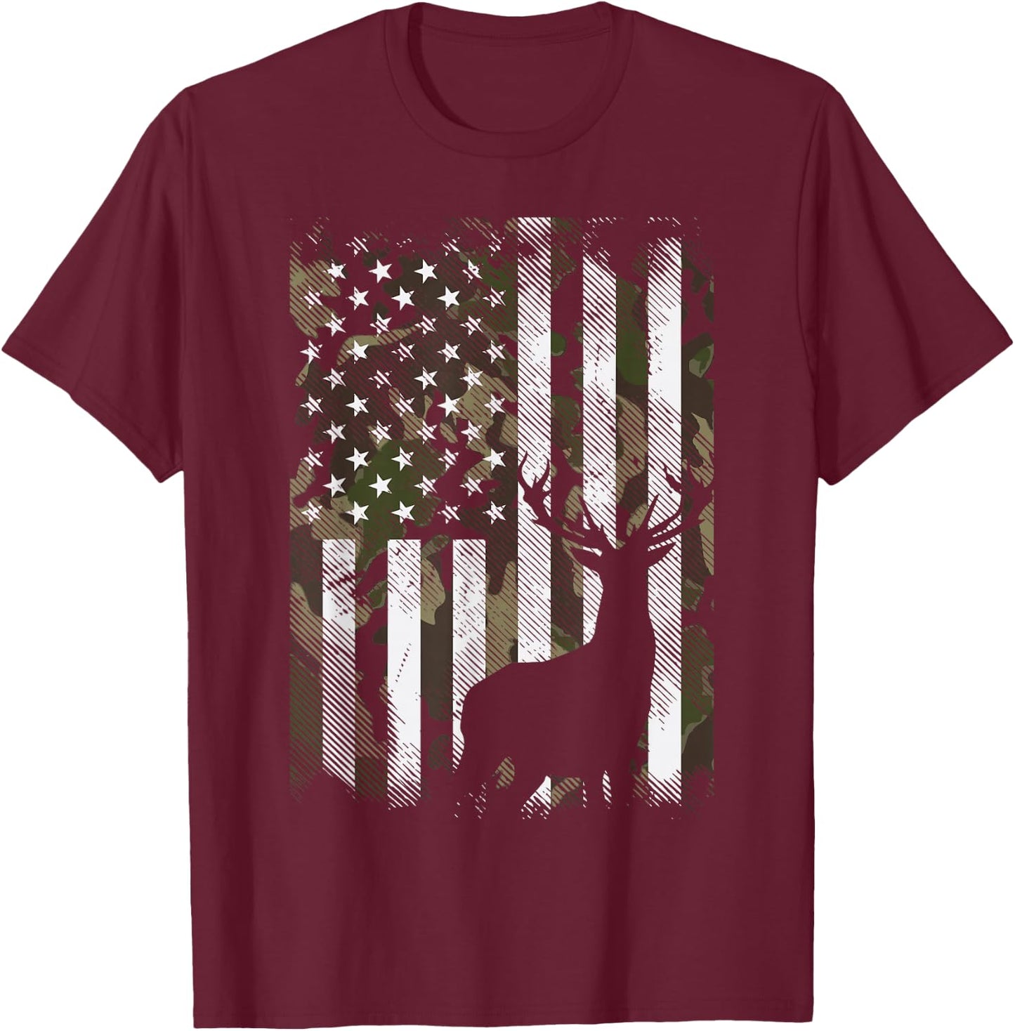 Camo US Flag Deer Elk Buck Camoflage Hunting Hunter Dad Gift Short Sleeve T-Shirt - T-Shirt | Maroon