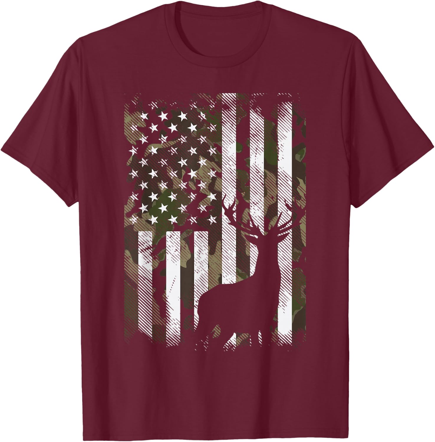 Camo US Flag Deer Elk Buck Camoflage Hunting Hunter Dad Gift Short Sleeve T-Shirt - T-Shirt | Maroon