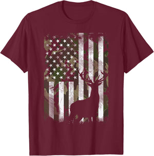 Camo US Flag Deer Elk Buck Camoflage Hunting Hunter Dad Gift Short Sleeve T-Shirt - T-Shirt | Maroon