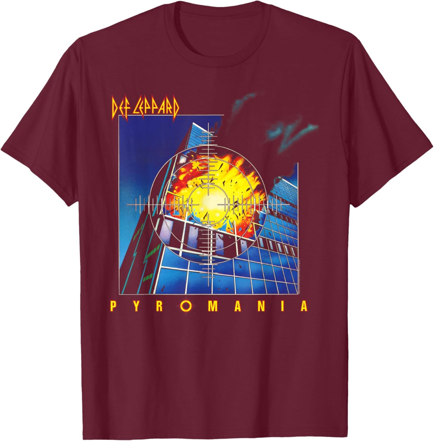 Def Leppard Pyromania - -Adults, Black, Small T-Shirt - T-Shirt | Maroon