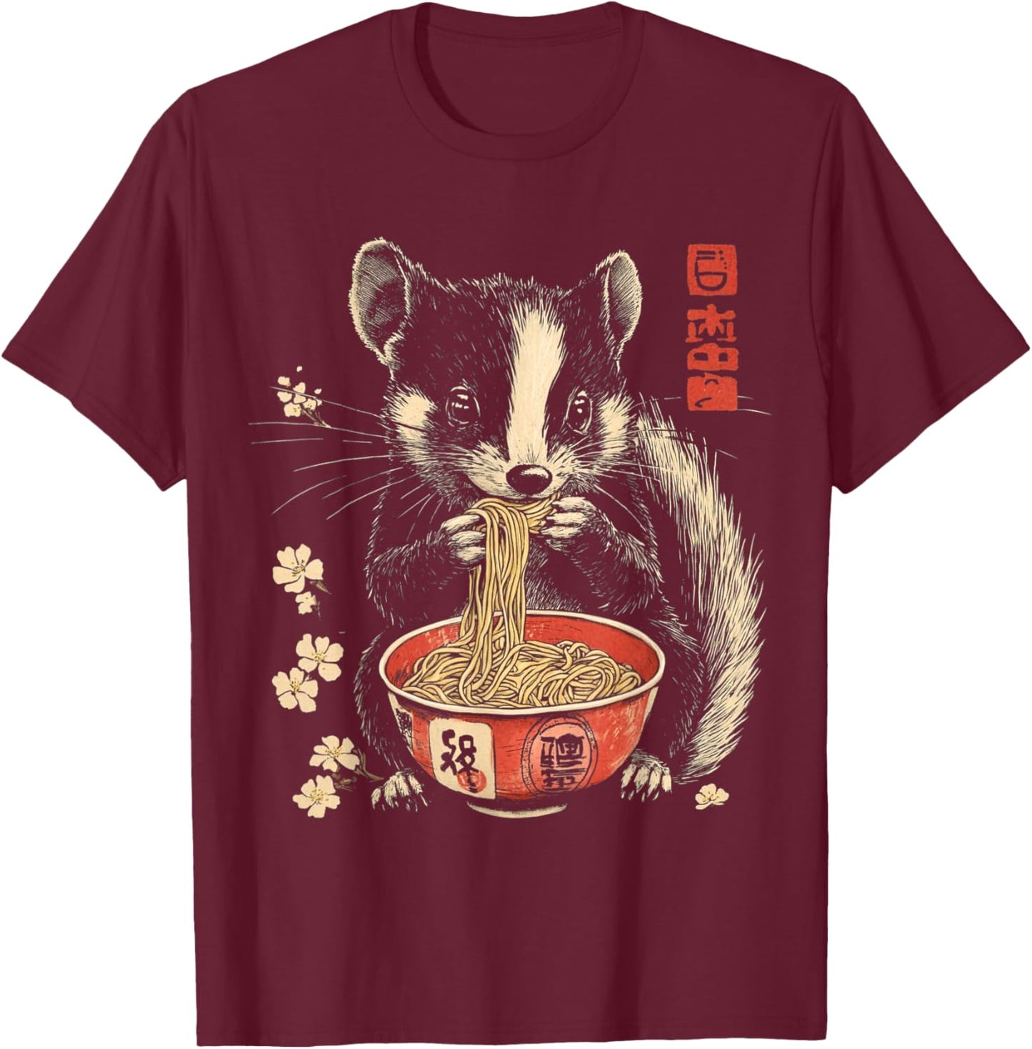 Funny Skunk Animal Eating Ramen Noodles T-Shirt - T-Shirt | Maroon