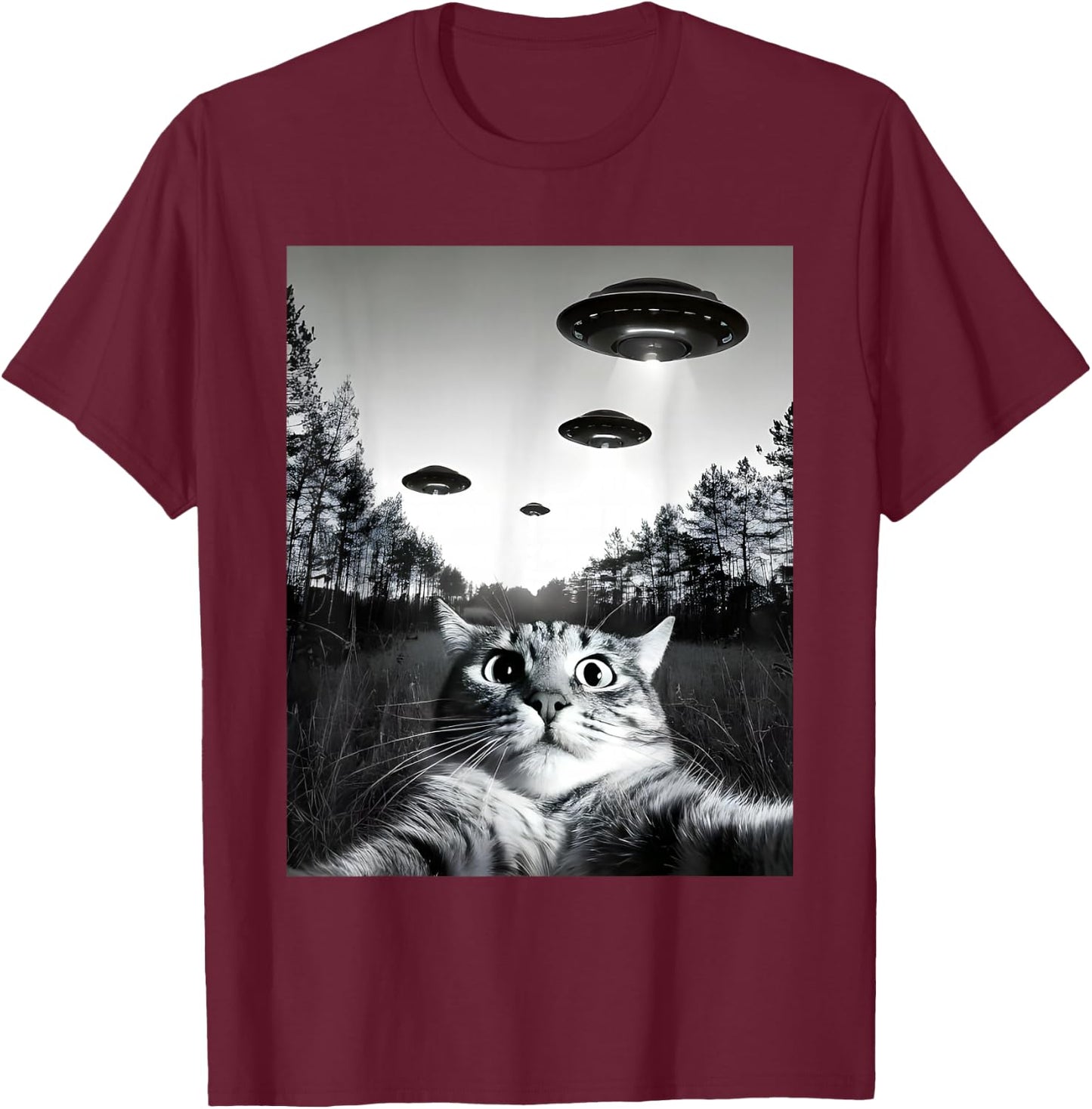 Funny Cat Selfie with UFOs T-Shirt - T-Shirt | Maroon