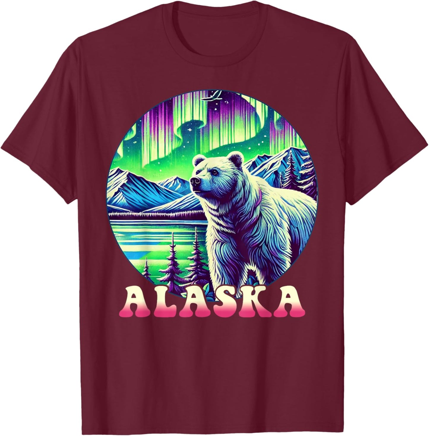 Alaska Northern Lights Aurora Viewing Alaska Vacation Bear T-Shirt - T-Shirt | Maroon