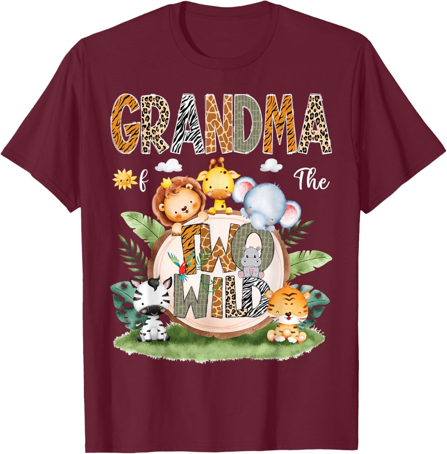 Grandma Of The Two Wild 2Nd Birthday Safari Animal Lover T-Shirt - T-Shirt | Maroon