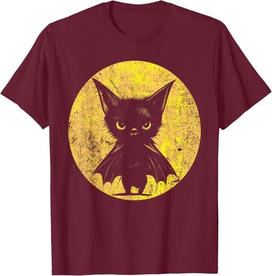 Halloween: Grumpy Black Kitten In Bat Costume T-Shirt - T-Shirt | Maroon