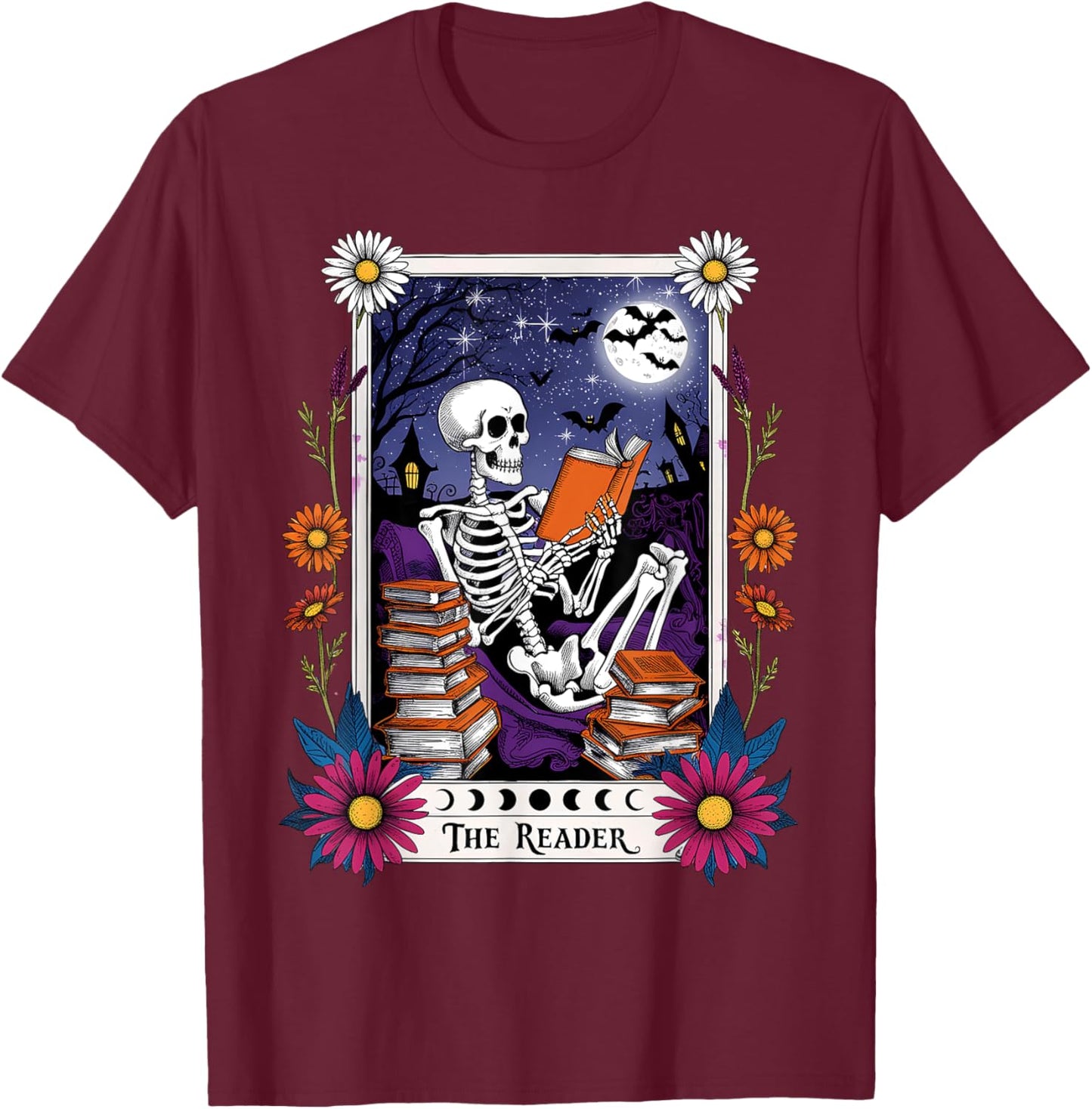 Book Lover Tarot Card The Reader Mystic Funny Skeleton T-Shirt - T-Shirt | Maroon