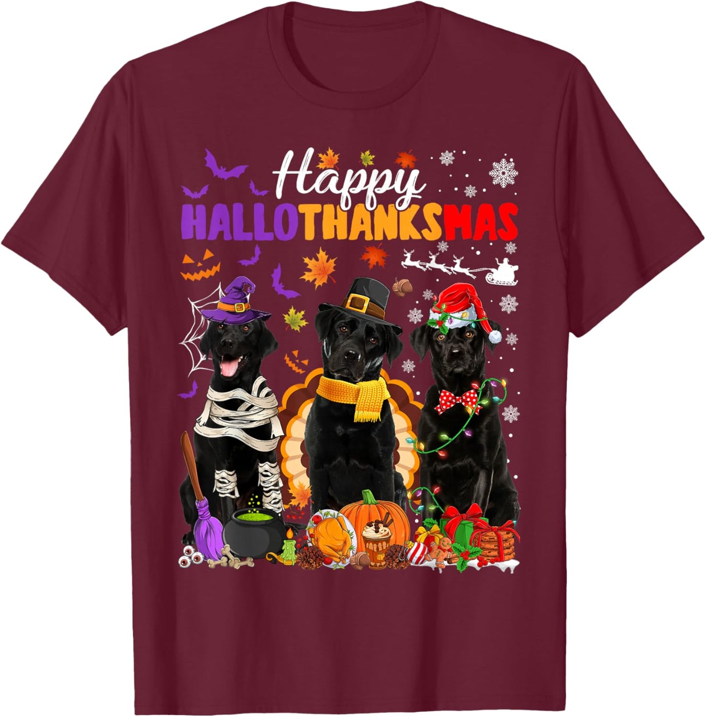 Witch Pilgrim Turkey Santa Black Labrador Dog HalloThanksMas T-Shirt - T-Shirt | Maroon