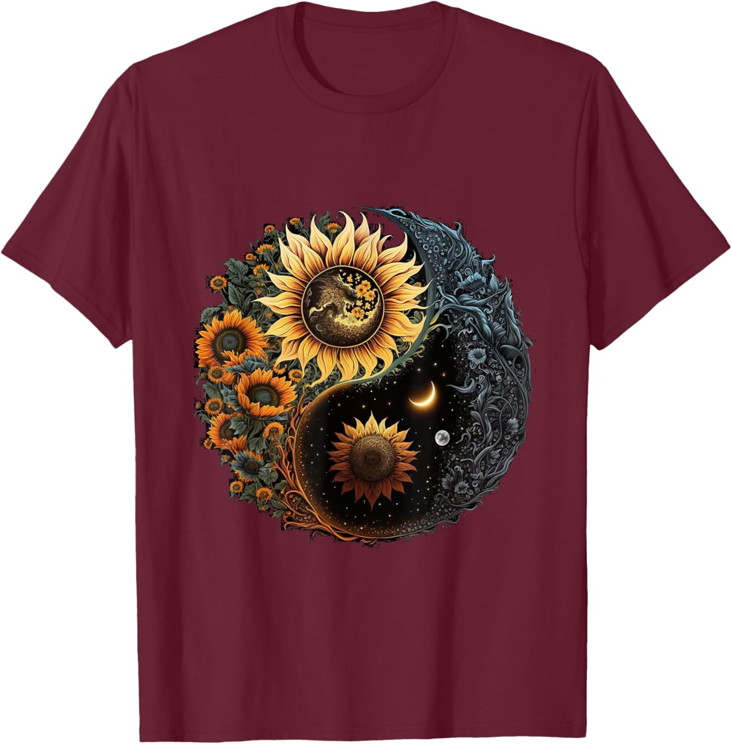 Yin And Yang Aesthetic Sunflower And Crescent Moon Art T-Shirt - T-Shirt | Maroon