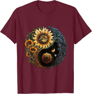 Yin And Yang Aesthetic Sunflower And Crescent Moon Art T-Shirt - T-Shirt | Maroon