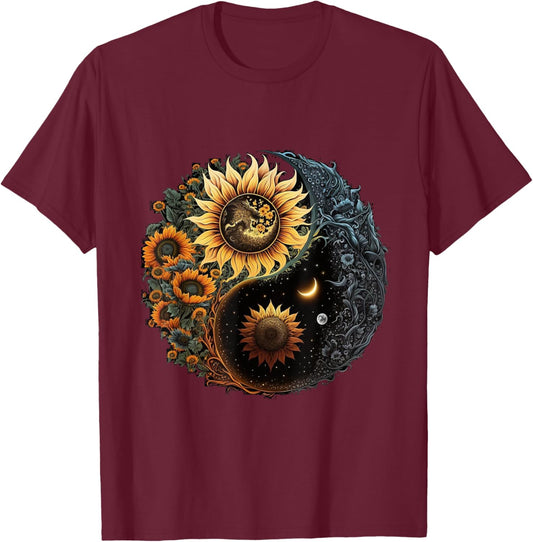 Yin And Yang Aesthetic Sunflower And Crescent Moon Art T-Shirt - T-Shirt | Maroon