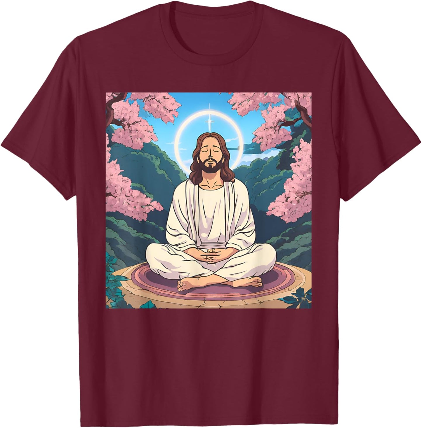 Jesus Meditating As A Buddhist Monk Meditation Anime T-Shirt - T-Shirt | Maroon