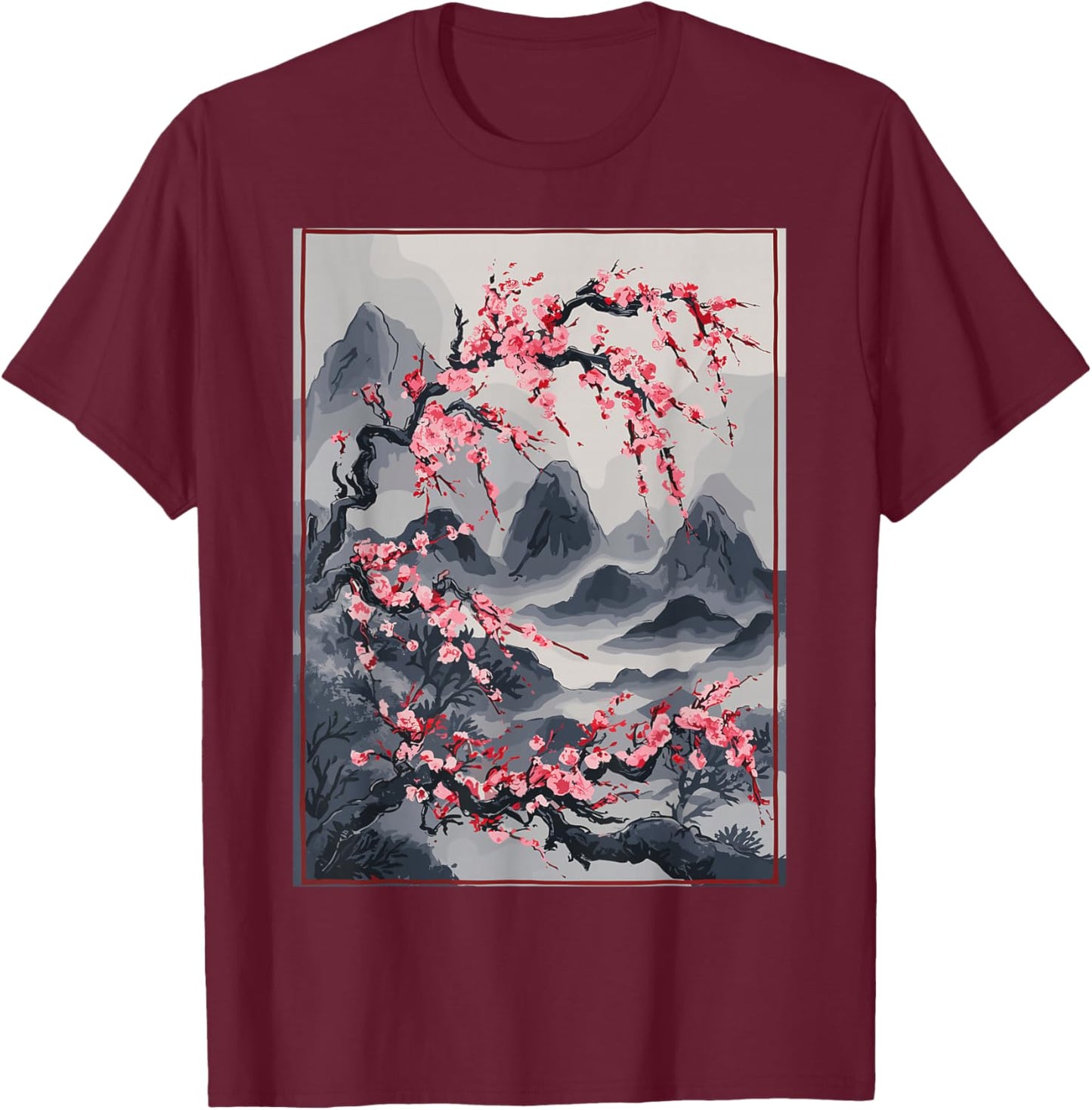 Vintage Cherry Blossom Landscape - Japanese Graphical Art T-Shirt - T-Shirt | Maroon
