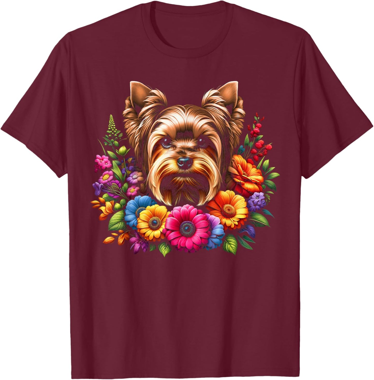 MyAnimal - Your Favourite Animal Wear Cute Yorkshire Terrier Portrait in Colourful Flowers , Small, Black T-Shirt - T-Shirt | Maroon