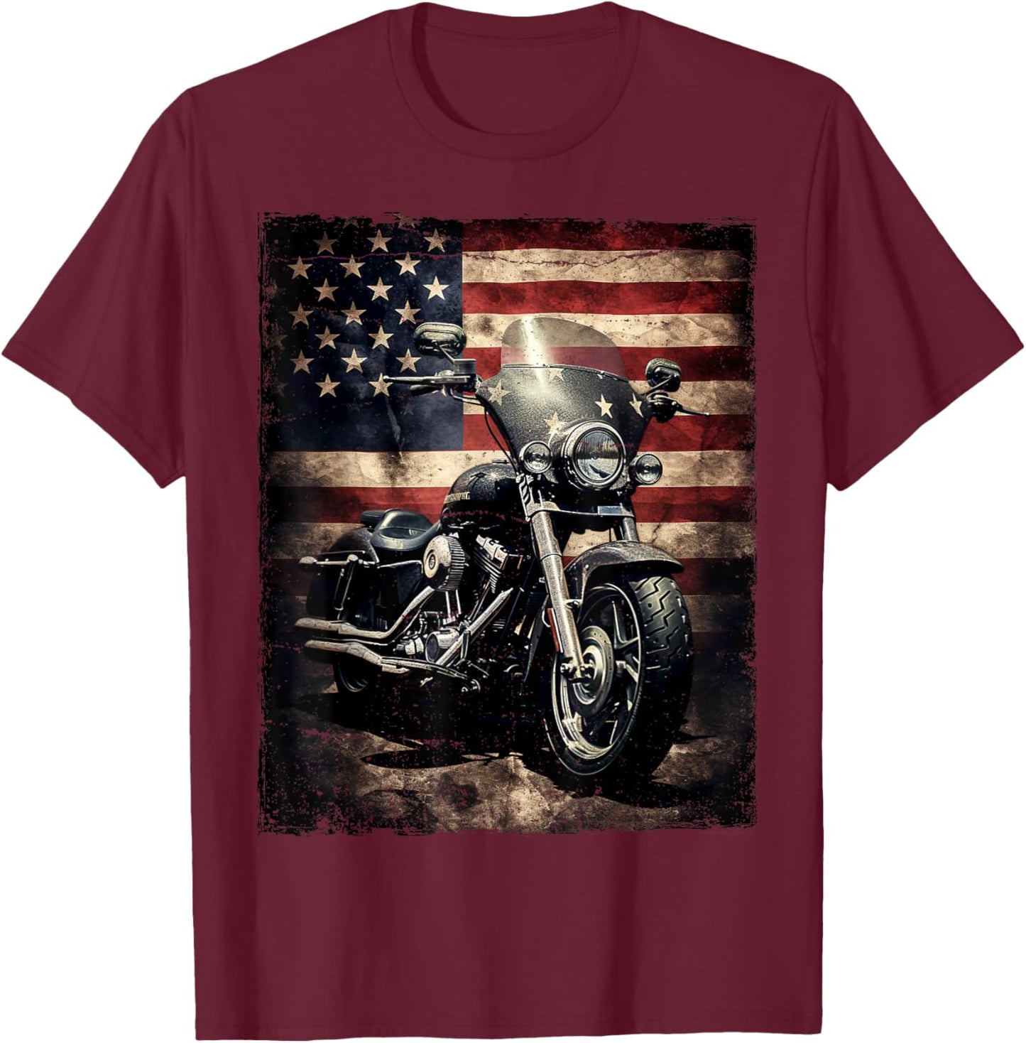 Vintage Motorcycle USA Flag Retro Biker American T-Shirt - T-Shirt | Maroon
