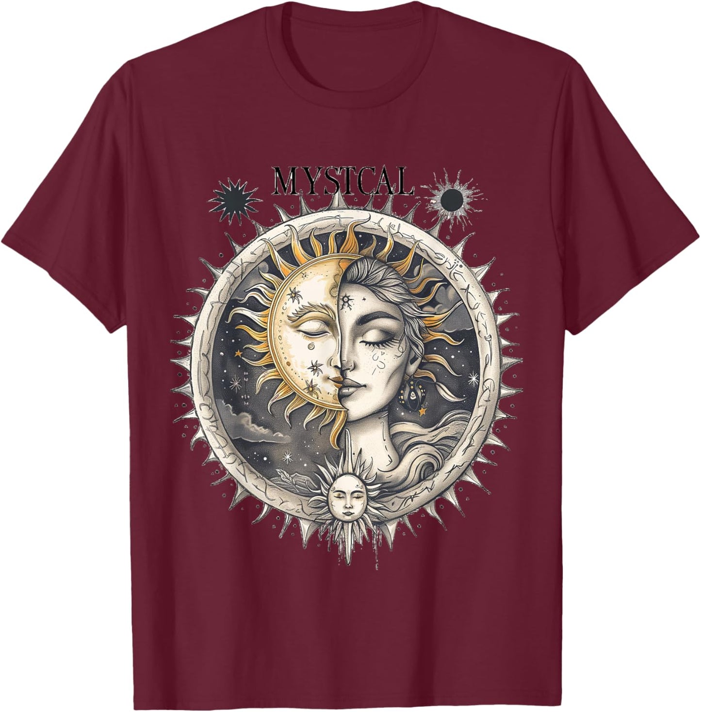 Mystical Sun and Moon with Woman Mystical Flowers Aesthetic T-Shirt - T-Shirt | Maroon
