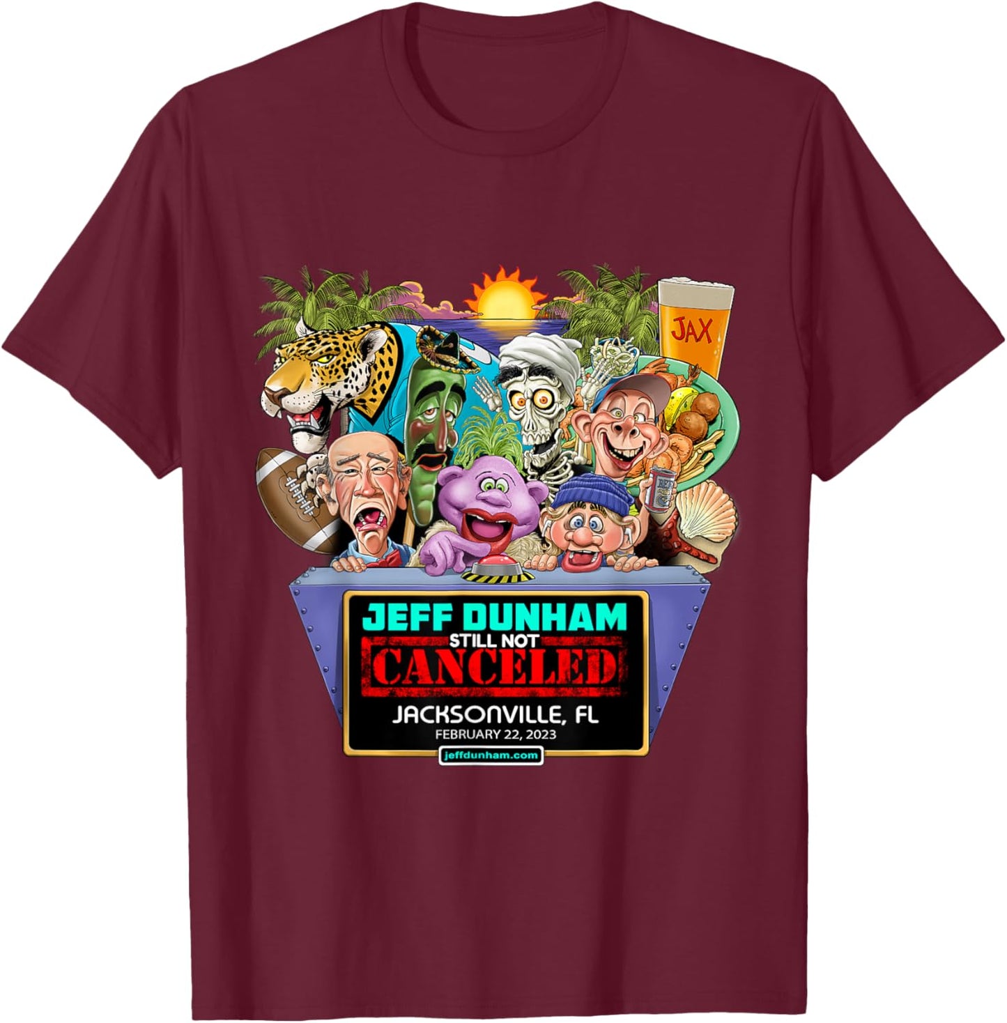 Jeff Dunham Jacksonville, FL (2023) T-Shirt - T-Shirt | Maroon