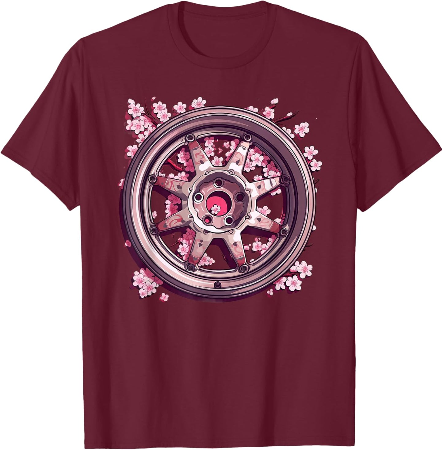 Wheel Racing Car Rim Cherry Blossom T-Shirt - T-Shirt | Maroon