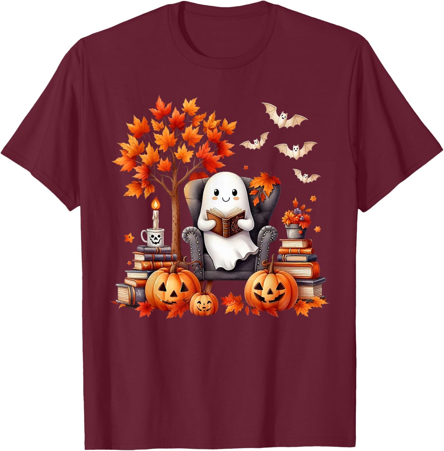 Vintage Ghost Book Reading Pumpkin Gothic Halloween Teachers T-Shirt - T-Shirt | Maroon