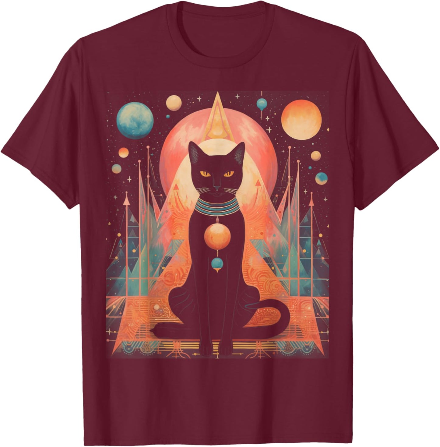 Cat, Egyptian Cat Goddess Bastet Anime Graphic Fashion Men Women T-Shirt - T-Shirt | Maroon