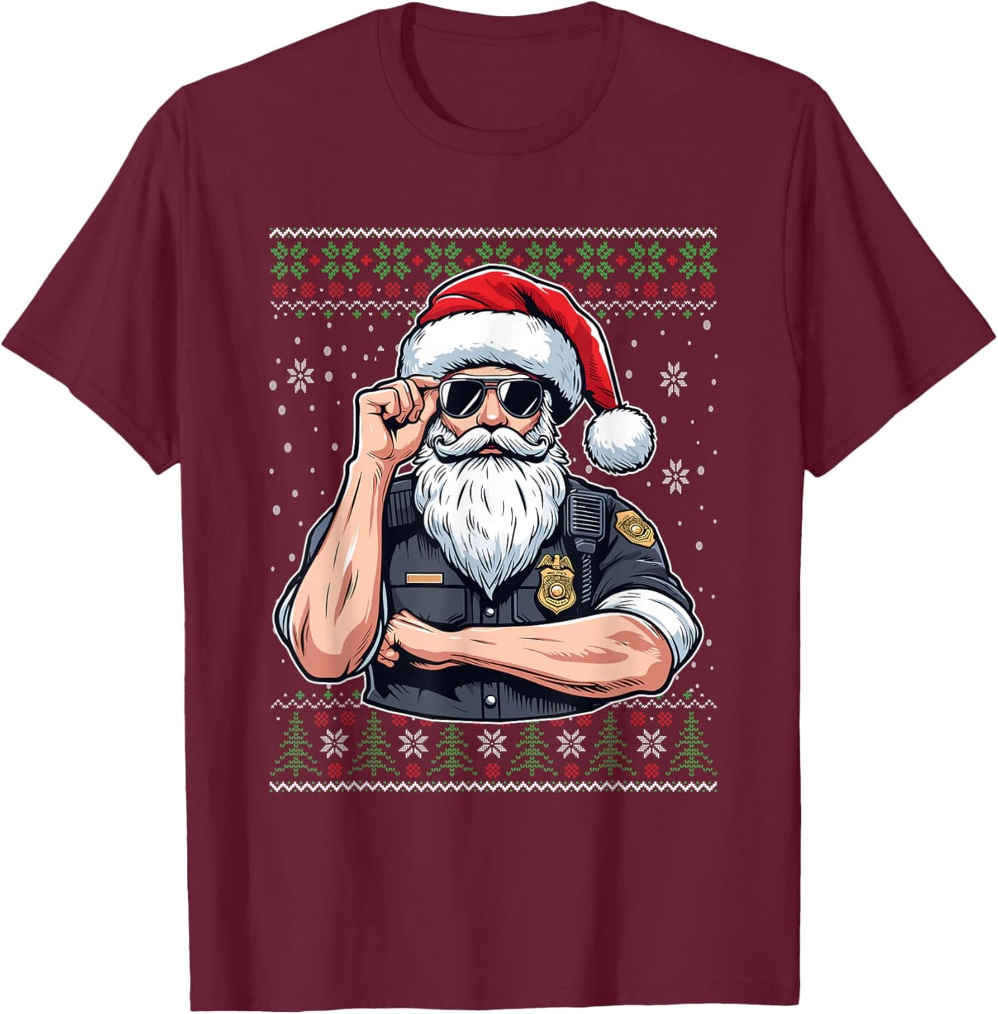 Christmas Santa Claus Police Officer Ugly Christmas Sweater T-Shirt - T-Shirt | Maroon