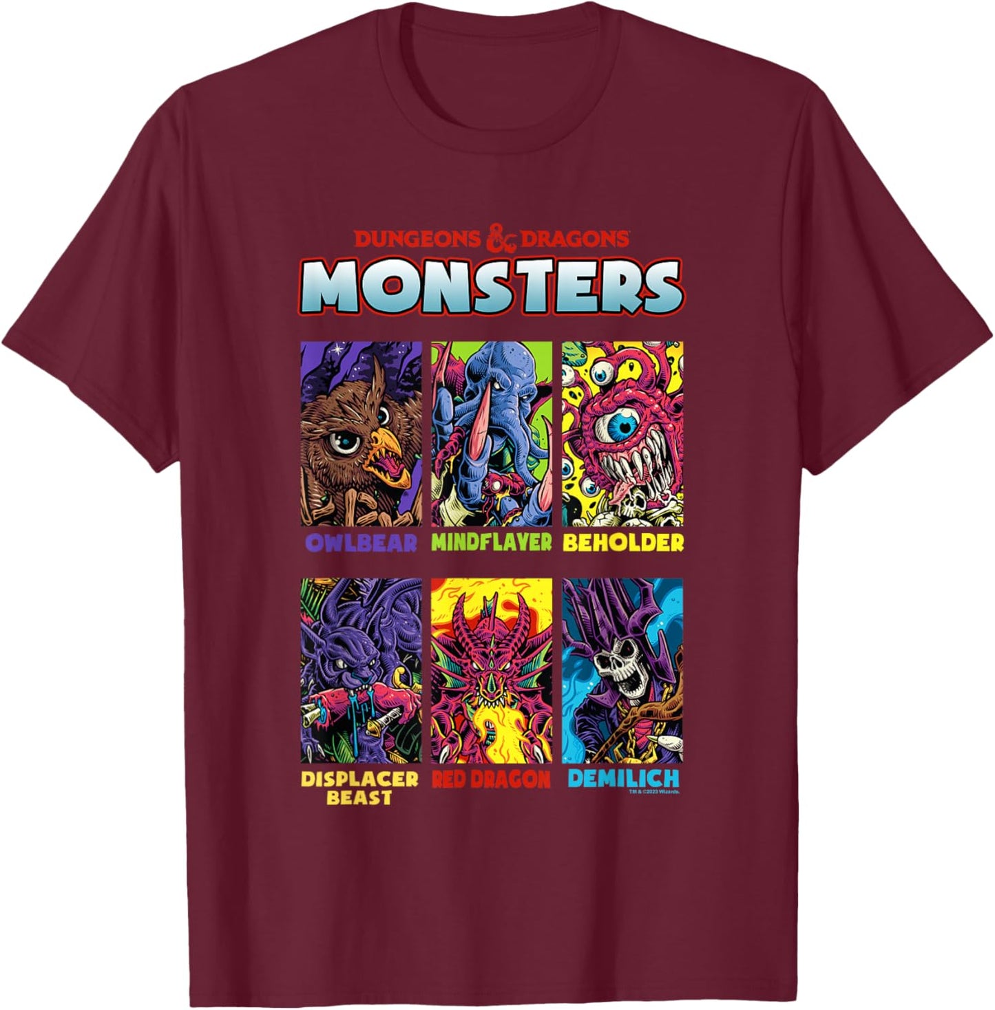 Dungeons & Dragons Retro Neon Monsters Stacked Yearbook T-Shirt - T-Shirt | Maroon