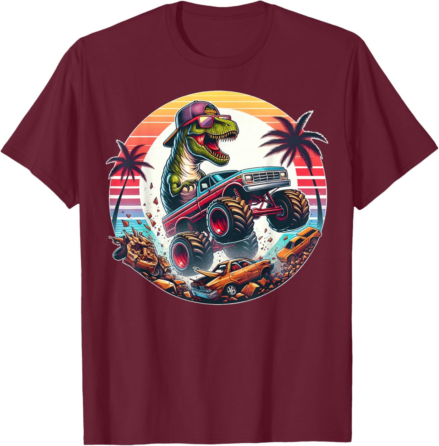 T-rex Dinosaur Monster Truck Vintage Kids Youth Toddlers Jam T-Shirt - T-Shirt | Maroon