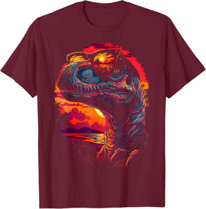 Dinosaur Wearing Shades Funny Vintage Graphic T-Shirt - T-Shirt | Maroon
