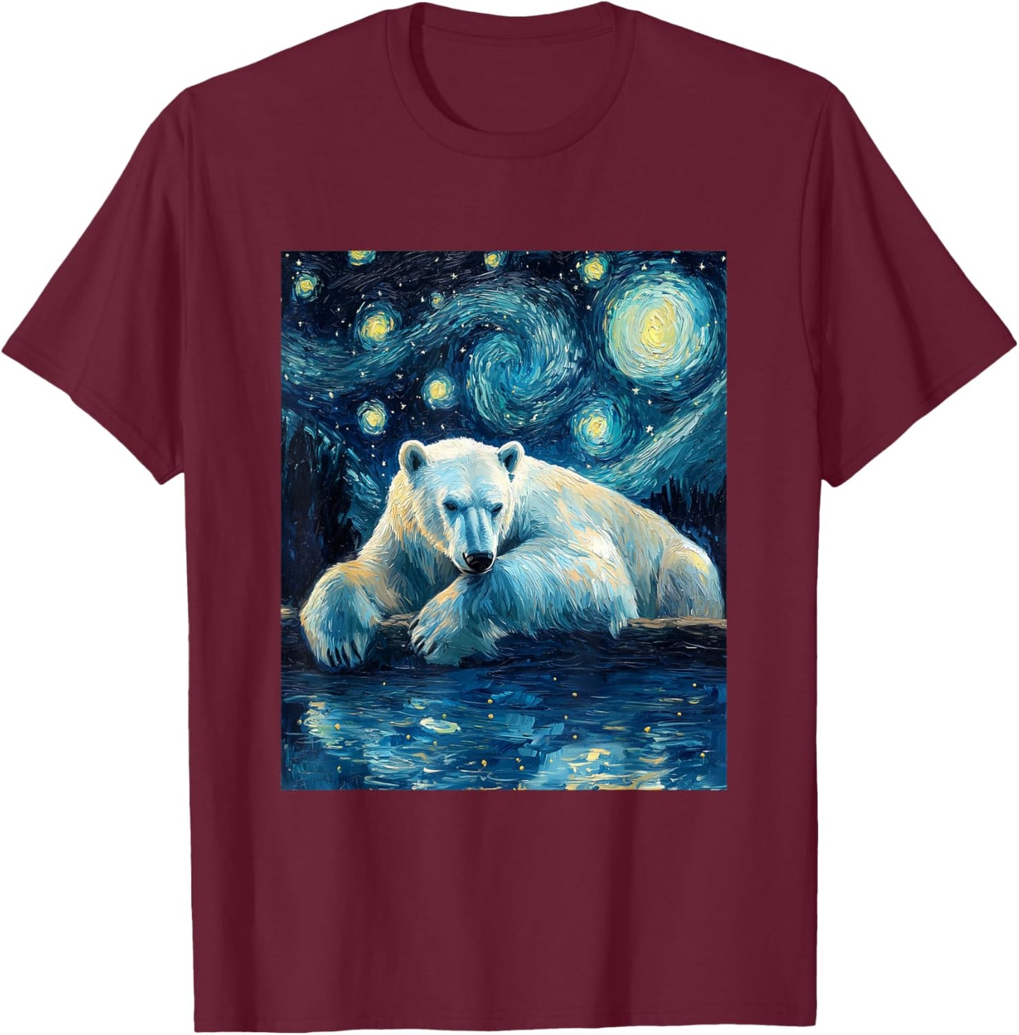 Cute Polar Bear - Van Gogh Style - Starry Night T-Shirt - T-Shirt | Maroon