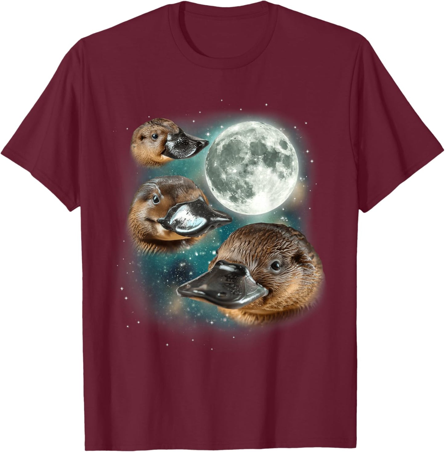 Three Platypus Moon | Funny Cursed Meme Design T-Shirt - T-Shirt | Maroon