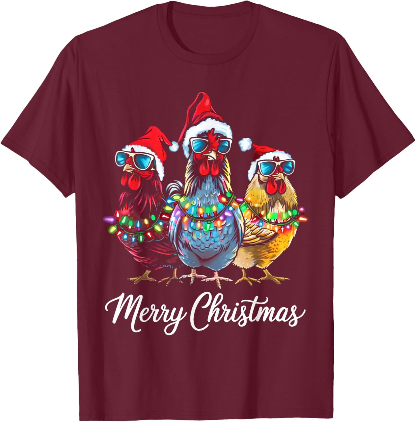 Merry Chickmas Ornament Lights Chicken Farmer Xmas Squad T-Shirt - T-Shirt | Maroon
