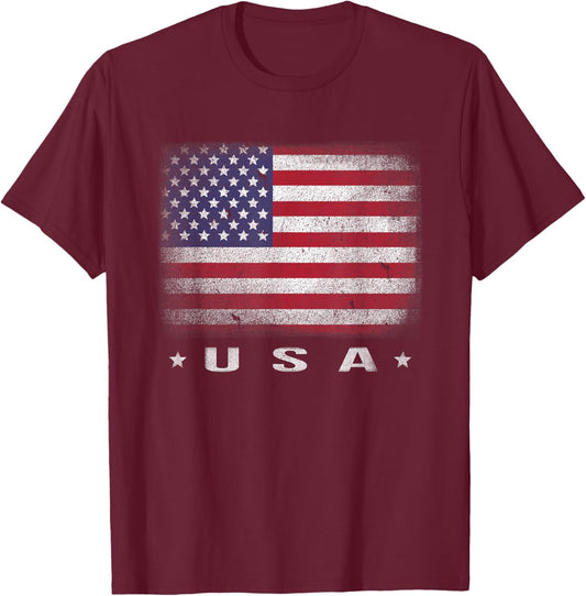 American Flag USA July 4th White Blue Red Faded Stripe Star T-Shirt - T-Shirt | Maroon