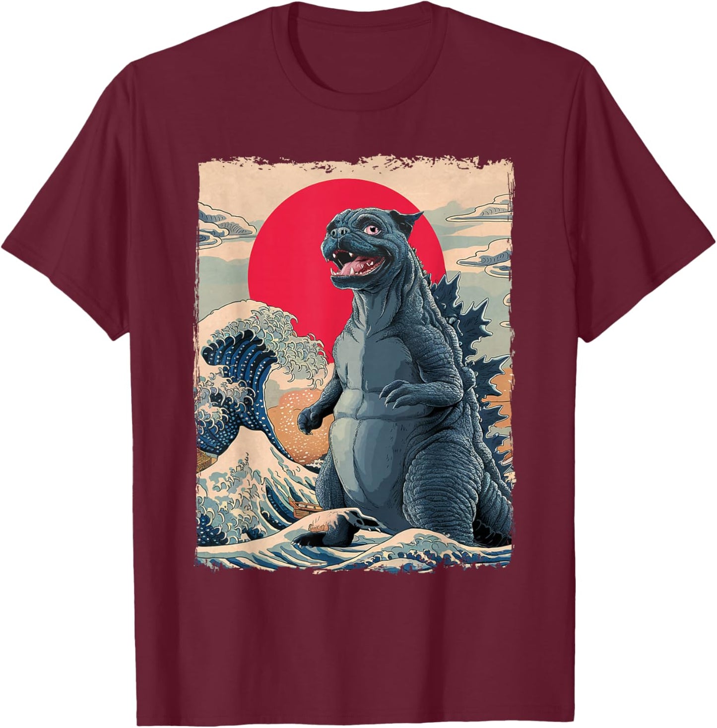 Pug Dog Funny Pugzilla Japanese Wave Art T-Shirt - T-Shirt | Maroon