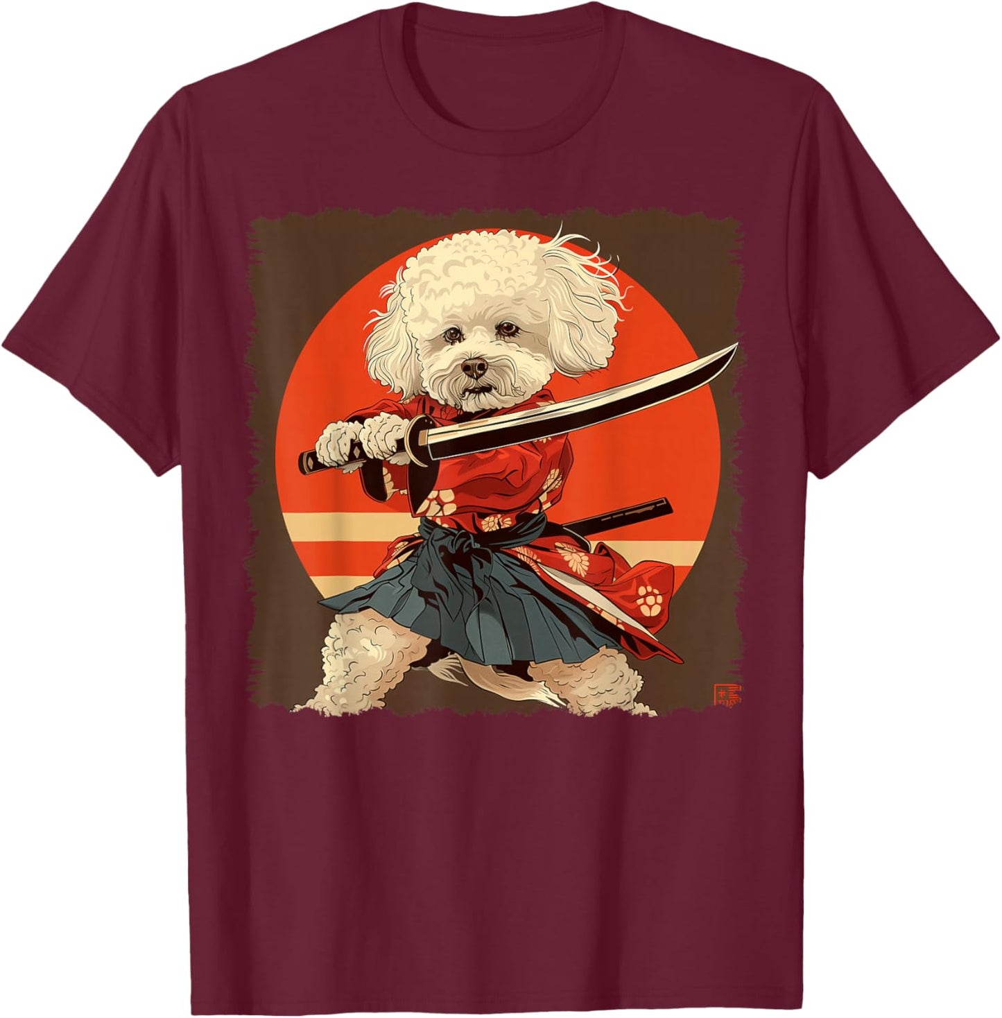 Bichon Frise Dog Japanese Art Samurai Ukiyo-e Vintage T-Shirt - T-Shirt | Maroon