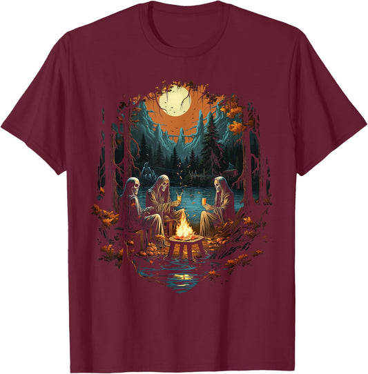 Vintage Ghost and Skeleton by Fire Camping Gothic Halloween T-Shirt - T-Shirt | Maroon