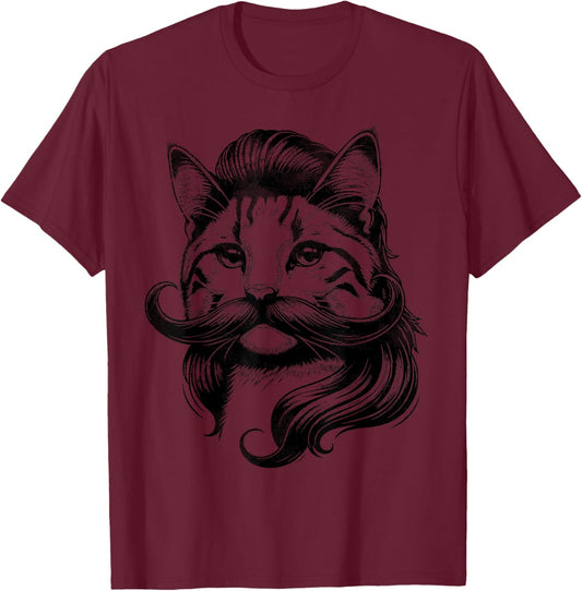 Funny Cat Face with Mullet and Mustache T-Shirt - T-Shirt | Maroon